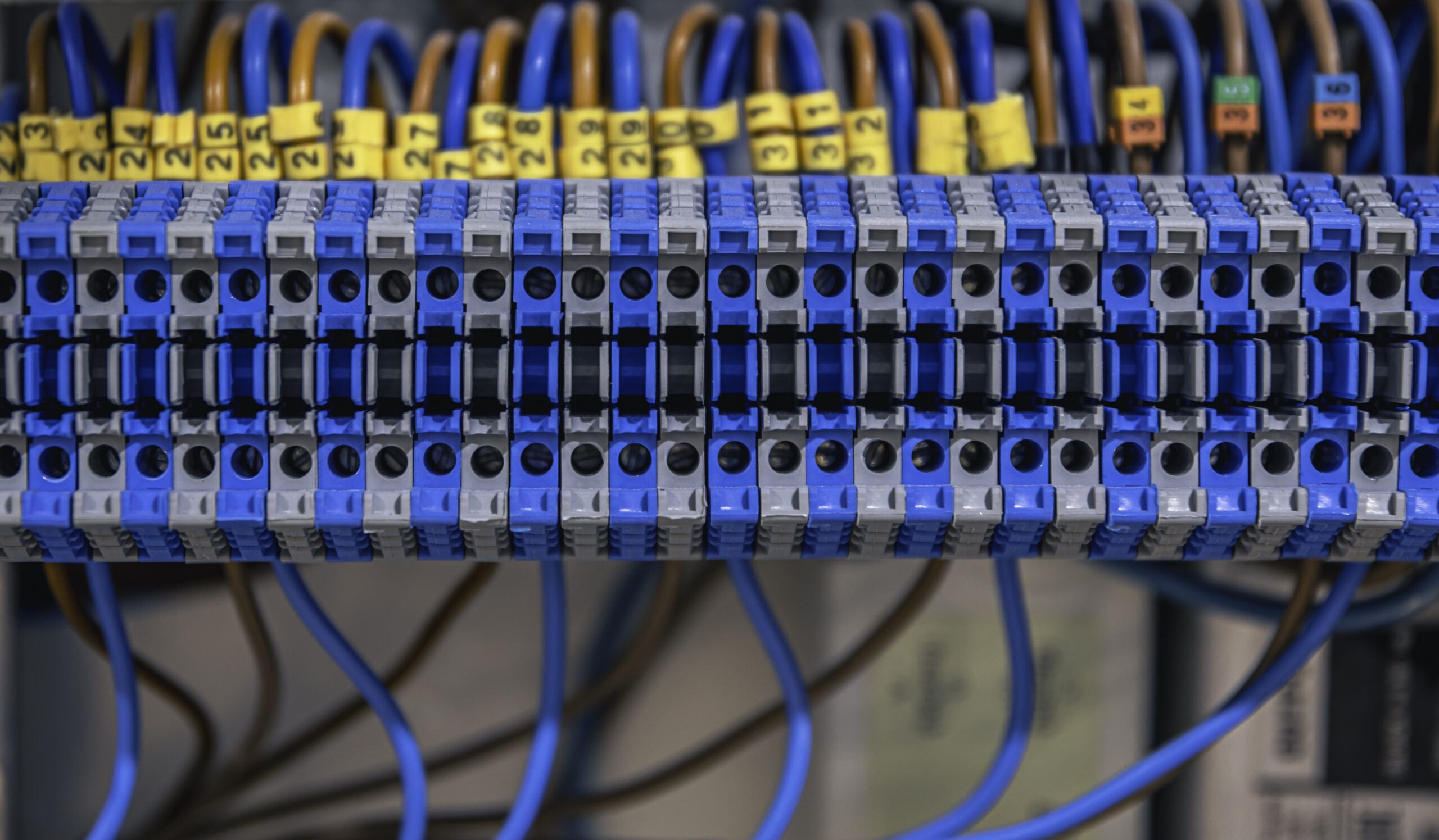 Home electrical panel with fuses contactors closeup